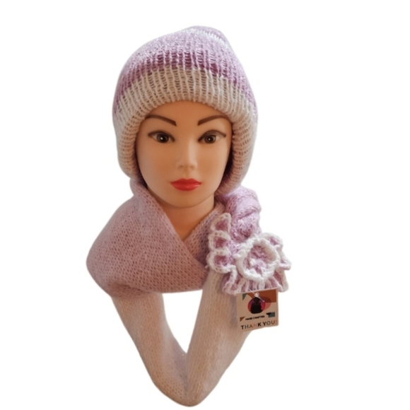 Hand Crafted 2pc Set Scaf & pom pom beanie purple crochet slauchy white striped - Picture 1 of 17